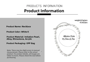 Detail view of pearl and rhinestone necklace showing 40cm plus 7cm adjustable length