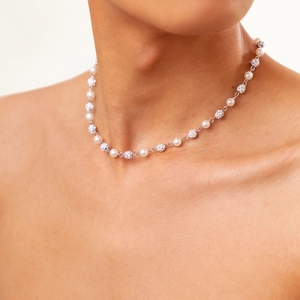 Elegant Artificial Pearl Rhinestone Necklace Silver Plated Zinc Alloy Beaded Choker For Women Wedding Party Minimalist Jewelry