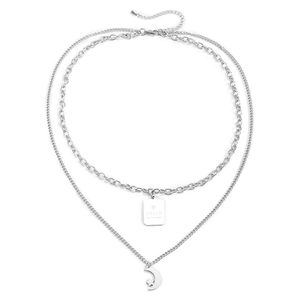 Double-layered stainless steel necklace featuring moon star pendant and engraved silver tag