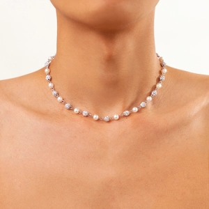 Men's hip hop necklace with white pearls and sparkling pavé crystal-encrusted spheres