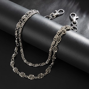 Men's hip hop double layer silver metal pants chain with rose shaped links and lobster clasps