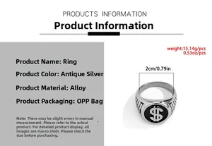 Détails de la bague chevalière vintage dollar en argent vieilli avec dimensions