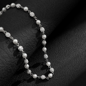 Men's hip hop necklace with white pearls and silver pave crystal disco ball beads