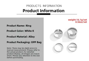 Detail view of four-piece silver alloy rings set with specific size measurements