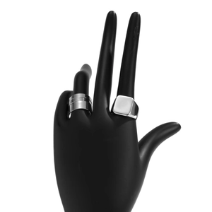 Men's hip-hop silver polished metal ring set featuring wide band and square signet styles