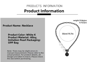 Detailed size chart for pearl chain necklace featuring a black embossed coin pendant