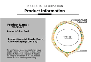 Detail view of colorful seed beads and pearl necklace set with dimensions and weight info