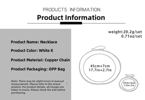 Size chart for necklace and bracelet set showing exact lengths and weight details