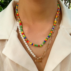 Fashion Layered Necklace Imitation Artificial Pearl Colorful Seed Beads Gold Alloy Paperclip Chain Toggle Clasp Men Women Jewelry