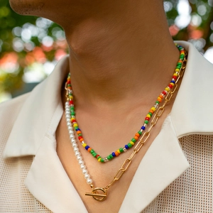 Rainbow beads and pearl double-layer necklace for men with golden toggle clasp