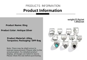 Size guide for 11pcs vintage rings set featuring turquoise and gothic alloy charms