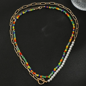 Colorful seed bead and white pearl layered necklace set with gold chain for men