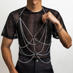 Chaîne de Corps Multicouche Punk pour Hommes en Aluminium et Fer Harnais Argenté Chaîne de Taille Anneaux Hip Hop Bijoux pour Fête