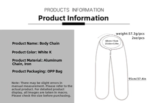 Detailed size specifications for silver hip-hop body chain made of aluminum and iron