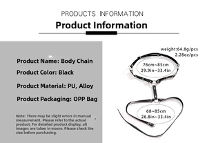 Size chart showing dimensions for black PU leather body chain with alloy rings and straps