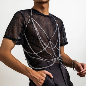 Chaîne de corps multicouche en métal argenté avec anneaux évidés pour hommes tendance