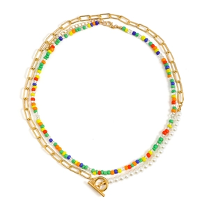 Colorful beaded necklace with white pearls and gold paperclip chain for men