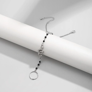 Mens snake bracelet finger ring with black crystal beads in silver hip-hop style