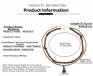 Detail showing dimensions of men's turquoise wood bead necklace and tiger eye pendant set