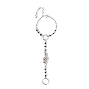 Gothic silver snake finger bracelet with black faceted beads and adjustable ring for men