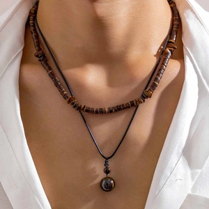 Men's Vintage Wood Bead Tiger Eye Double Layer Necklace Natural Stone Bohemian Ethnic Style Neck Jewelry Accessory Gift