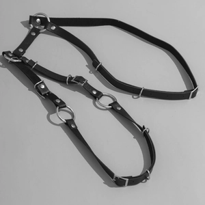 Men's black PU leather body harness with adjustable metal rings and punk style chest straps