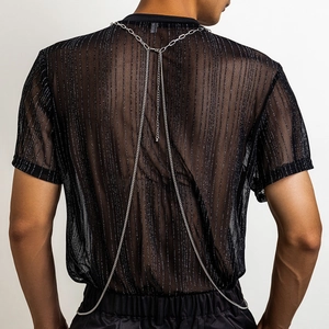 Men's hip-hop stainless steel waist chain with tag shown on trendy mesh t-shirt
