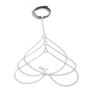 Mehrlagige Punk PU-Leder Körperkette mit silbernen Metallringen und Stufendesign