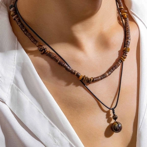 Bohemian double-layer necklace set with tiger eye stone pendant and wooden beads