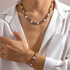 Bohemian Men Wood Beads Polymer Clay Jewelry Summer Beach Vacation Necklace Bracelet Handcrafted Fashion Accessories