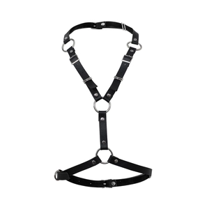 Punk style black leather body harness for men with adjustable silver metal rings