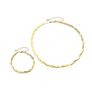 Gold braided flat snake chain necklace and bracelet set with adjustable lobster clasp