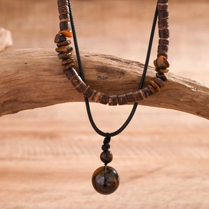 Men's natural tiger eye and wooden bead necklace set with rustic stone pendant