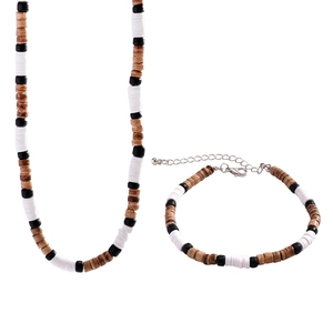Detail of bohemian wood bead necklace and bracelet set with adjustable lobster clasp