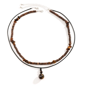 Men's two-layer necklace set featuring wooden beads, turquoise, and tiger eye stone pendants