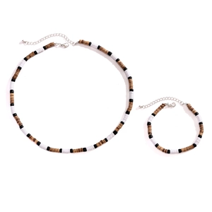 Surfer coconut shell wood bead necklace and bracelet set with silver lobster clasp and chain