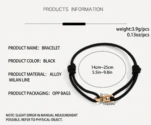 Adjustable black Milan cord bracelet with interlocking gold alloy rings 14-25cm