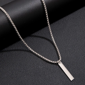 Minimalist silver geometric bar pendant necklace with a sleek round box chain for men