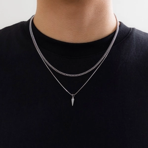 Men's double layer silver curb chain necklace with minimalist conical pendant