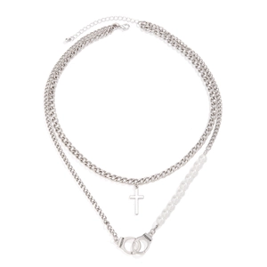 Men's double layer silver necklace with cross pendant and freedom handcuff pearls
