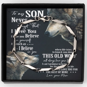 Bracelet pour homme en acier argenté poli dans son coffret cadeau avec carte de message