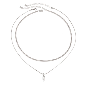Silver double-layered curb and snake chain necklace with a metallic spike cone pendant