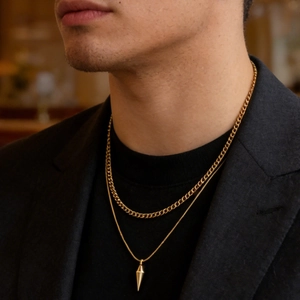 Men Hip Hop Layered Necklace With Spike Pendant Alloy Double Chain Punk Streetwear Jewelry For Men Gold Silver
