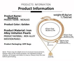 Détails des dimensions de l'ensemble collier multicouche doré avec perles et pièce