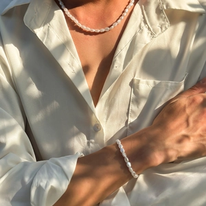 Men's baroque pearl necklace and bracelet set with retro luxury textured bead finish