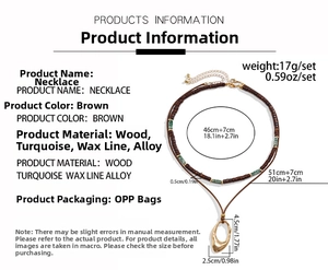 Detailed size specifications for bohemian wood bead necklace set with dimensions