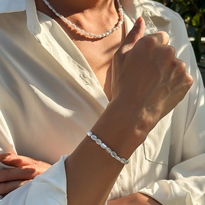 Baroque irregular pearl necklace and bracelet set for men with natural white luster finish