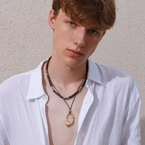 Men's Bohemian Layered Wood Bead Necklace Set Alloy Irregular Pendant Turquoise Stone Wax Rope Holiday Beach Jewelry