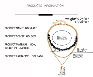 Detailed size chart for layered turquoise and shell necklace with chain measurements