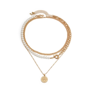 Ensemble de colliers dorés pour hommes avec perles blanches et pendentif boussole